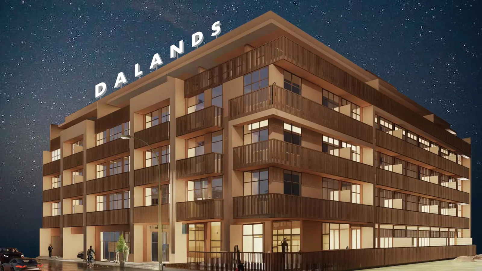 Developer render of corner exterior at night