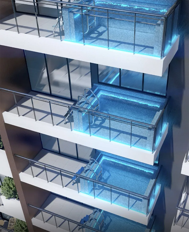 Balcony plunge pools with blue lighting on facade