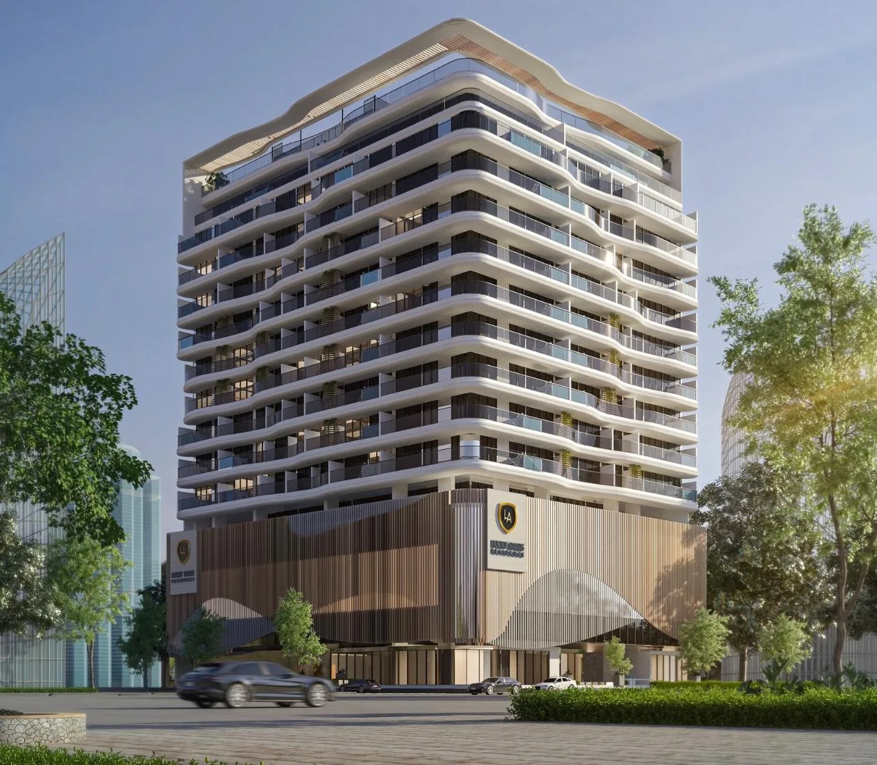 Full-height render with wavy white balconies and timber podium