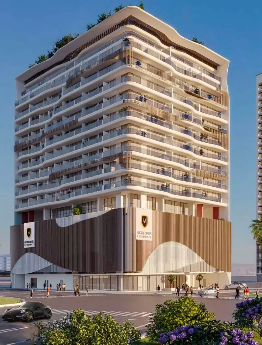 Full-height render with Lucky Oasis signage on timber podium