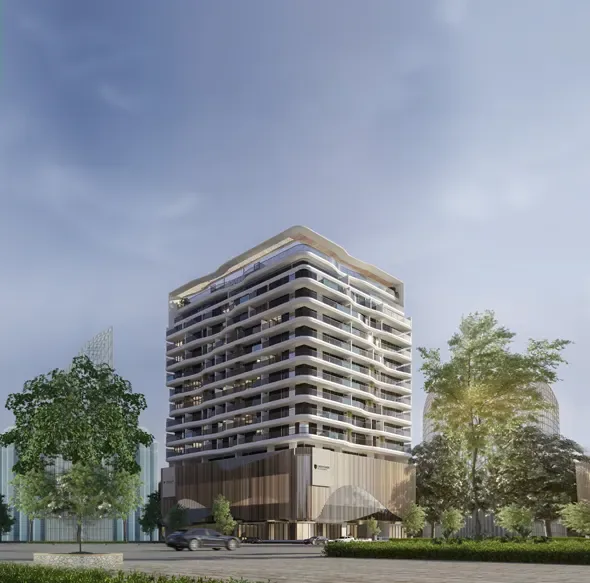 Wide render of wavy-balcony tower with timber podium