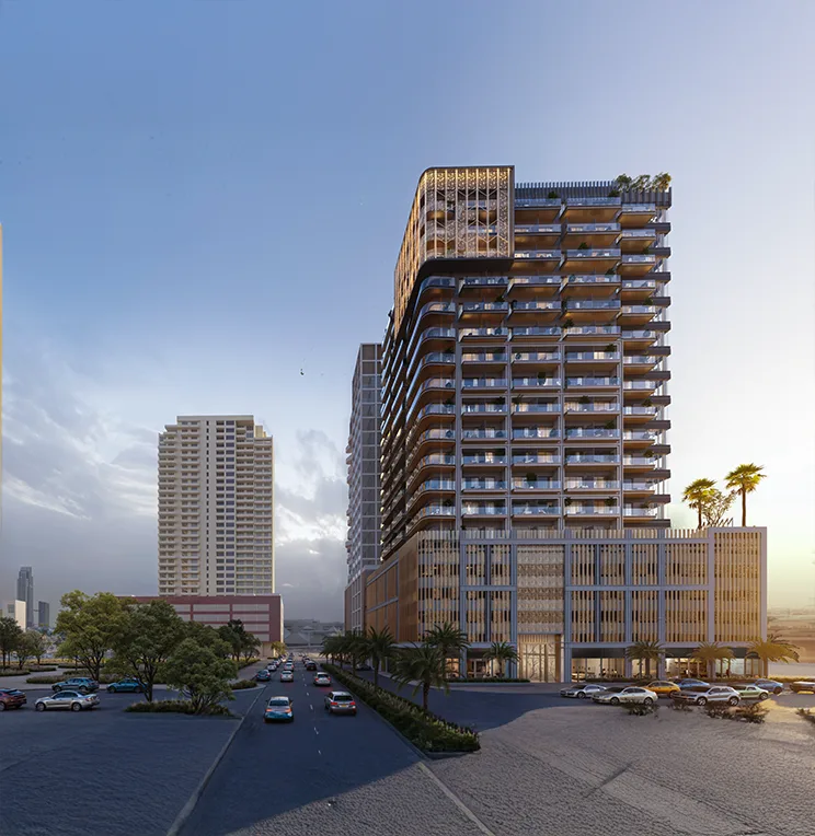 Street view of tower, curved balconies, lattice crown