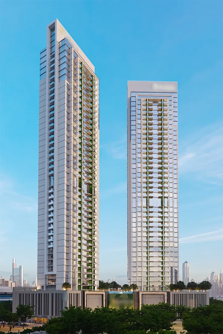Twin towers with podium, green-lined balcony facade