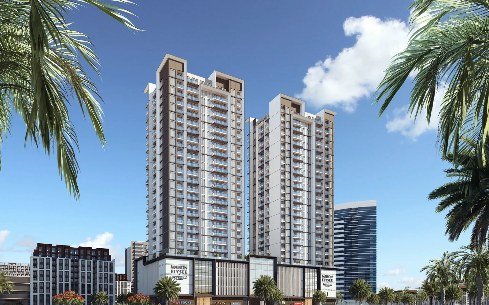 Twin towers above retail podium, daytime render
