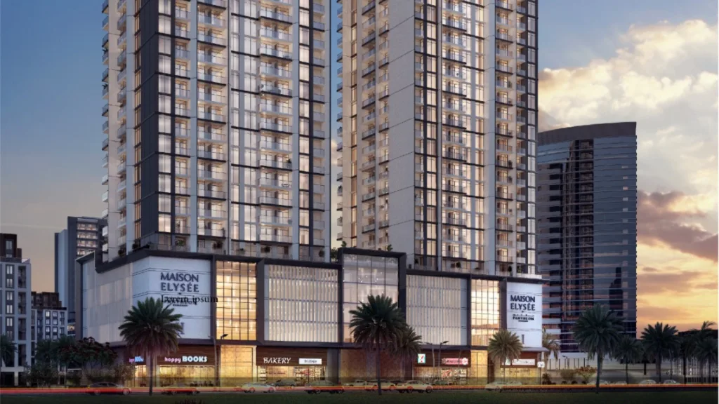 Dusk view of podium and lower tower floors