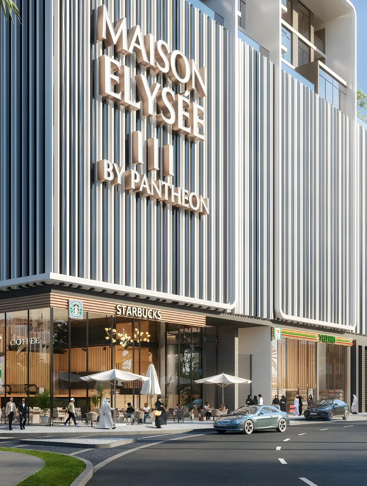 Podium entrance with Maison Elysée signage and cafes