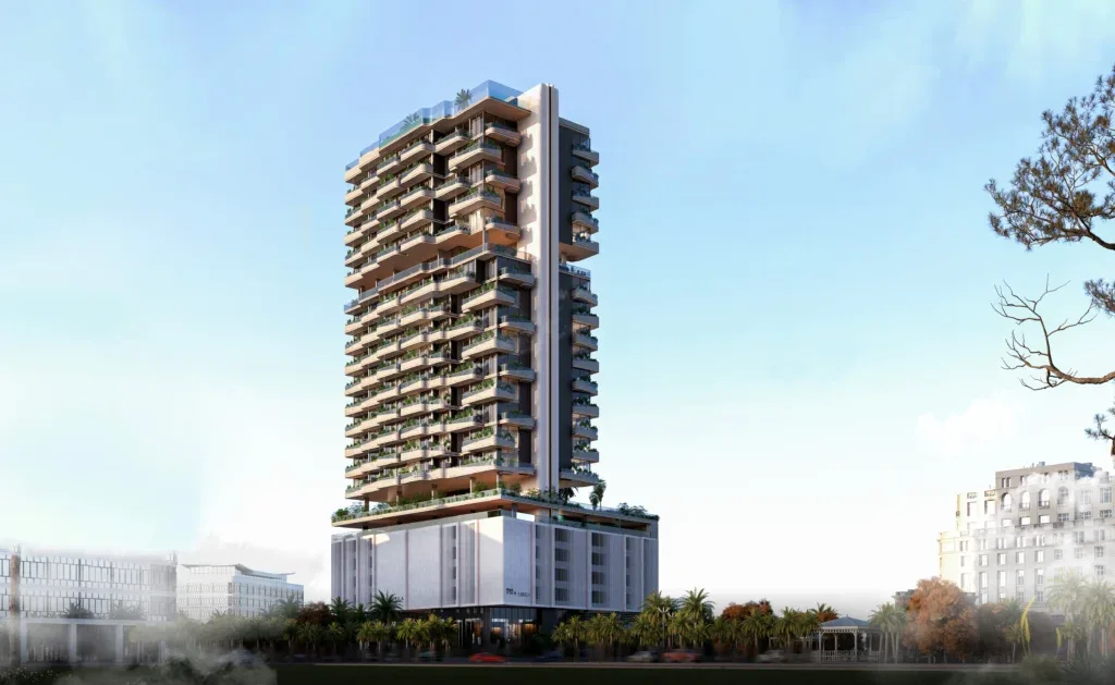 Full-height tower with podium and rooftop pool, daytime