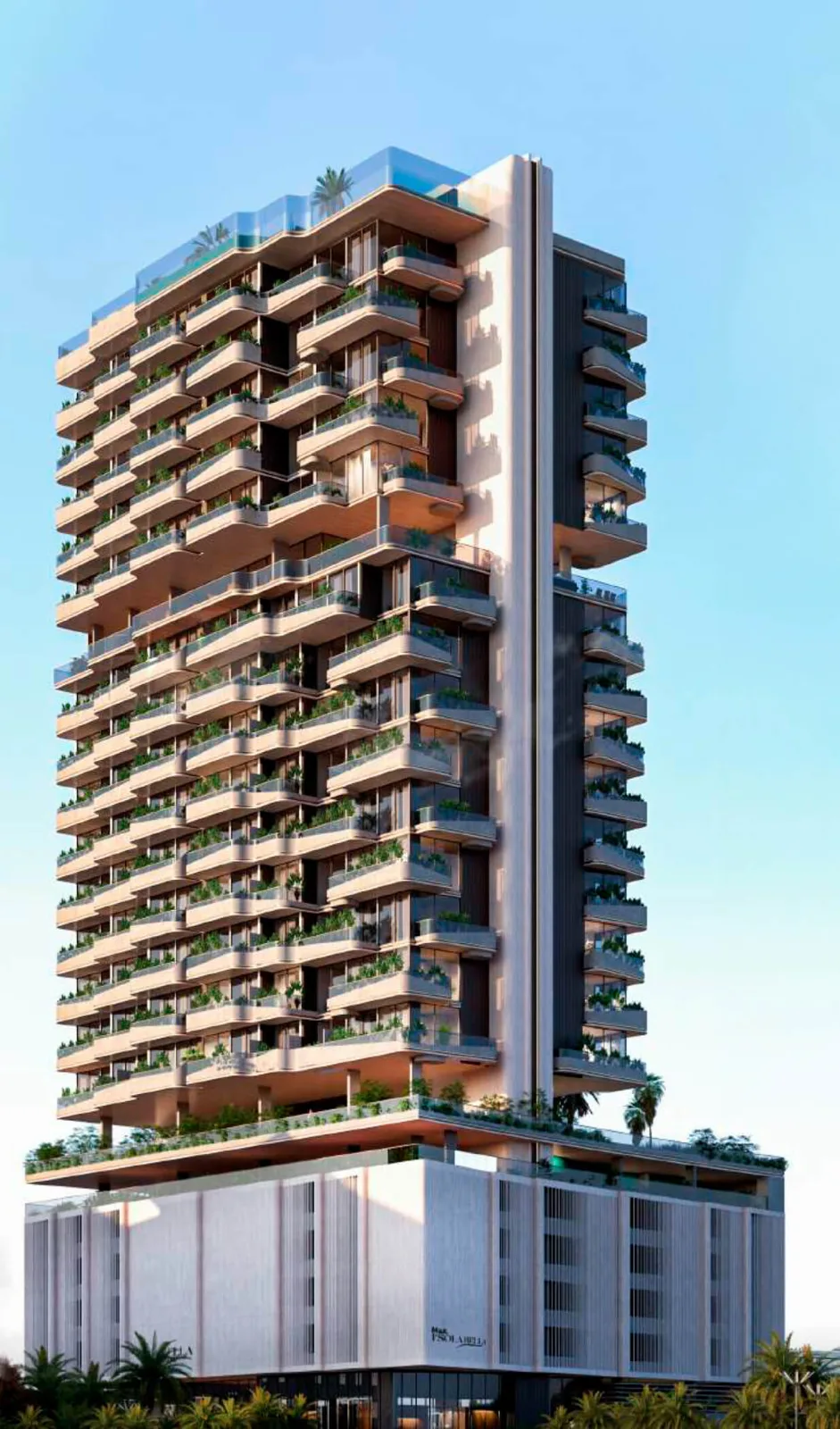 Tower with balconies and rooftop pool, close view