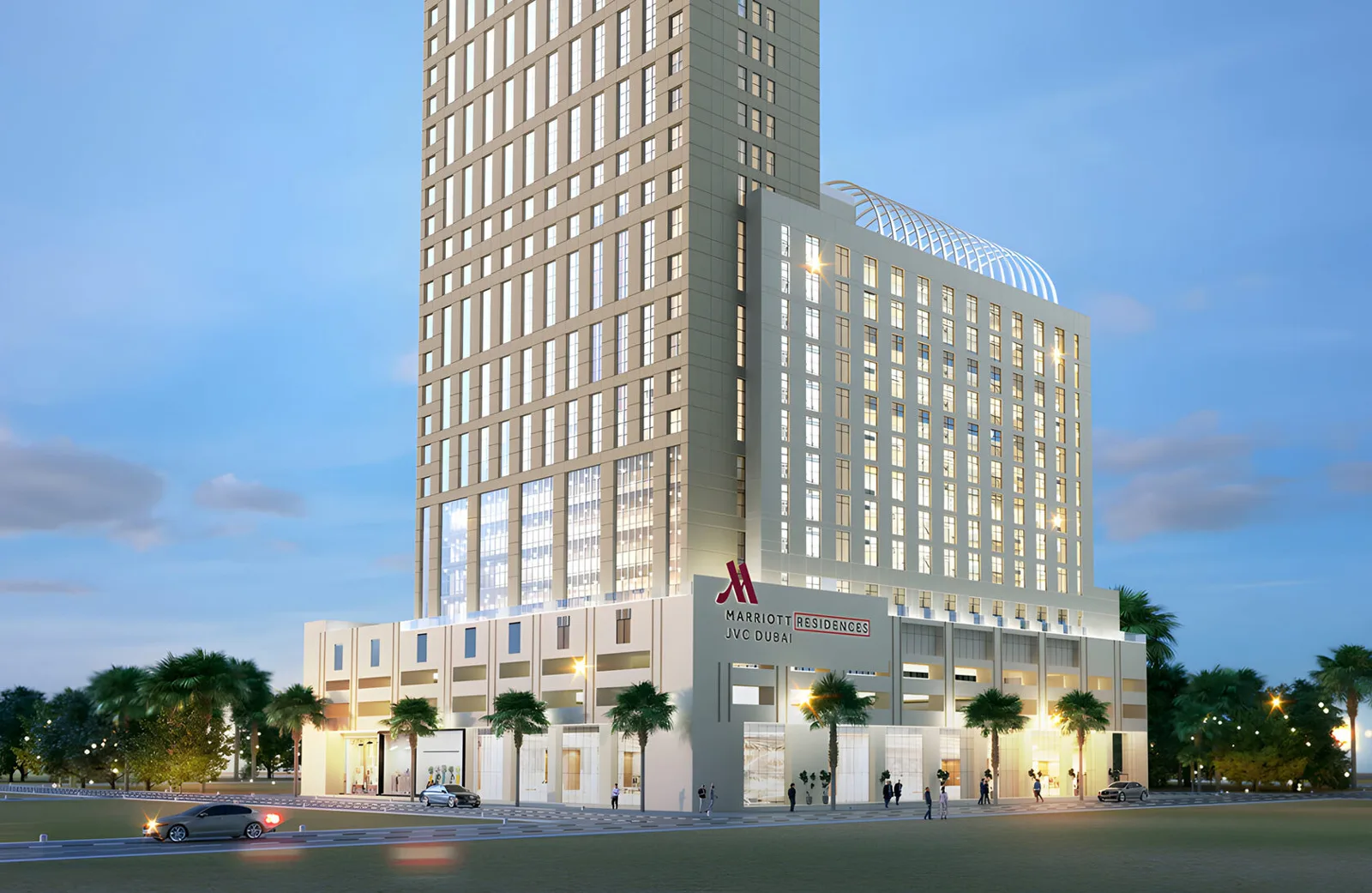 Developer render of tower and podium with Marriott Residences JVC signage