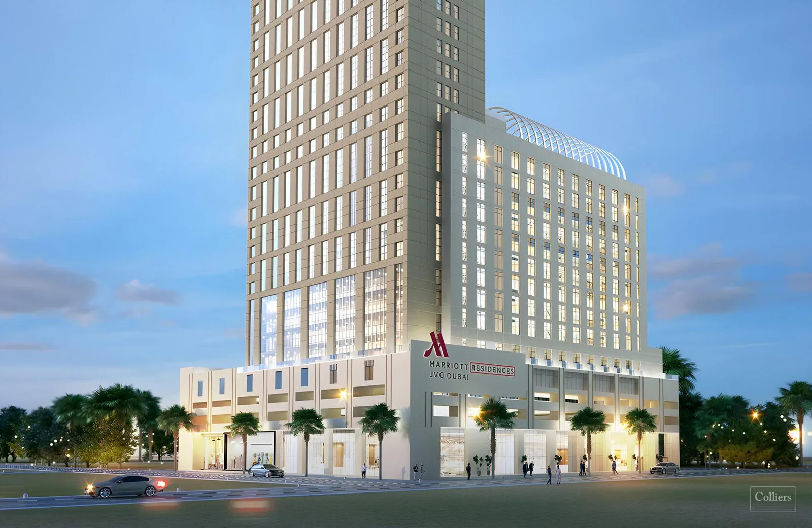 Podium and tower with Marriott Residences JVC signage