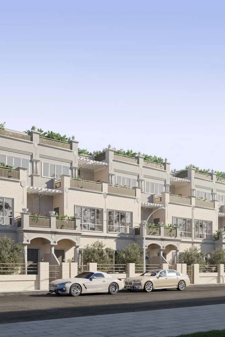 outside, the townhouse row from the street