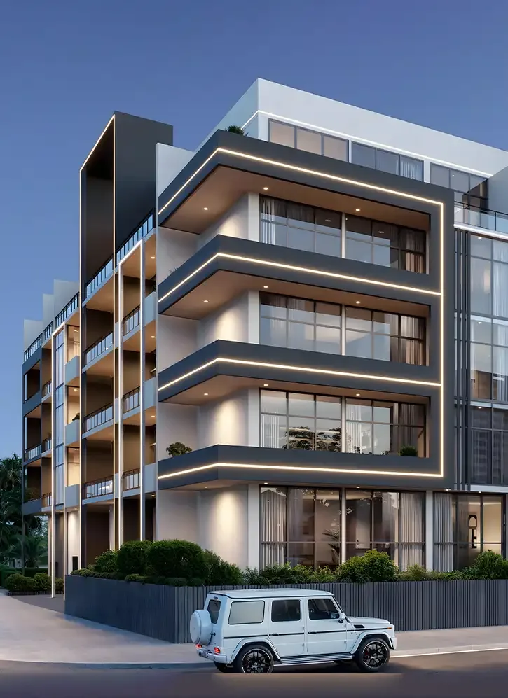 Corner view with illuminated grey balcony frames
