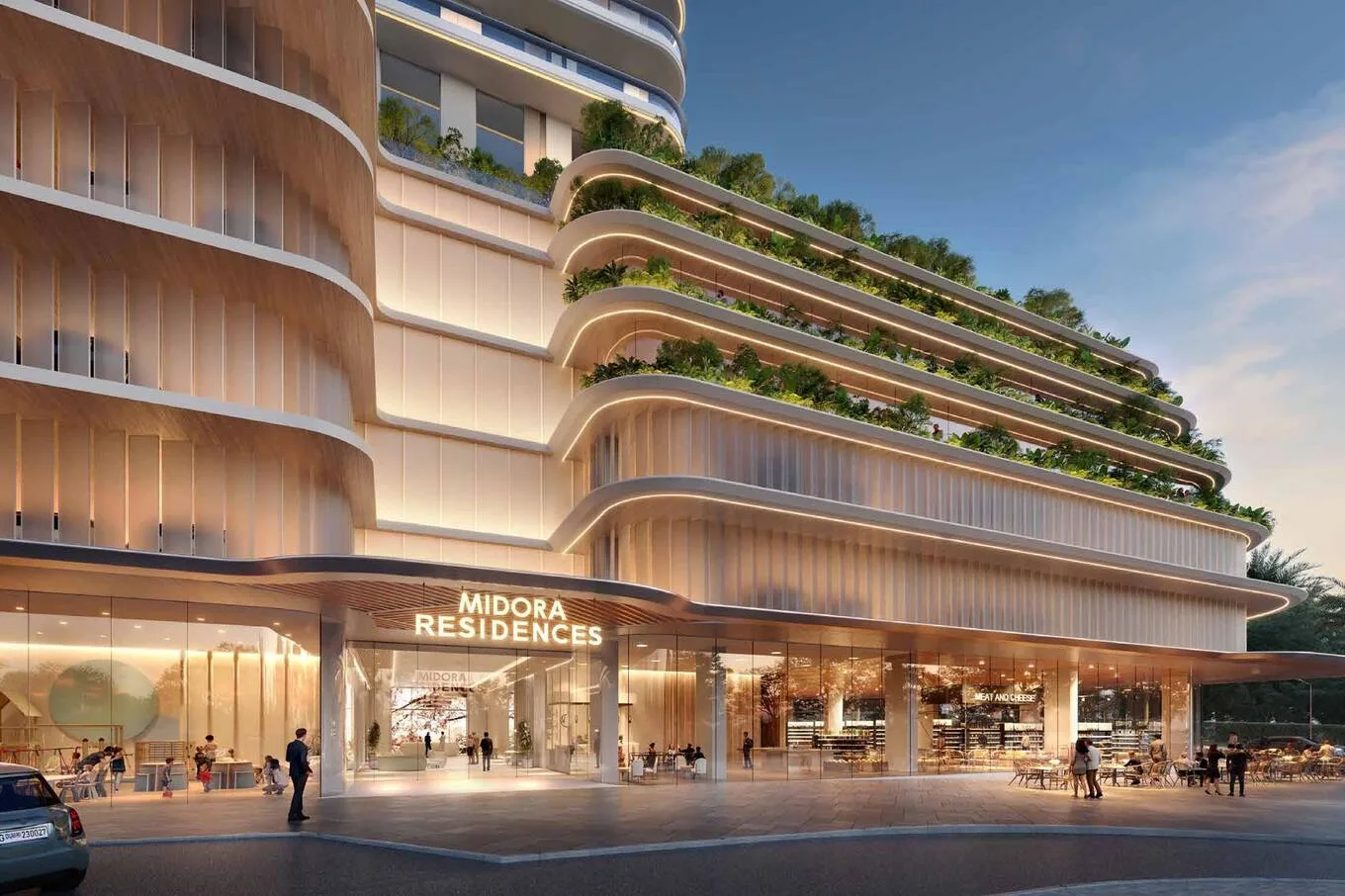 Curved podium frontage with Midora Residences signage