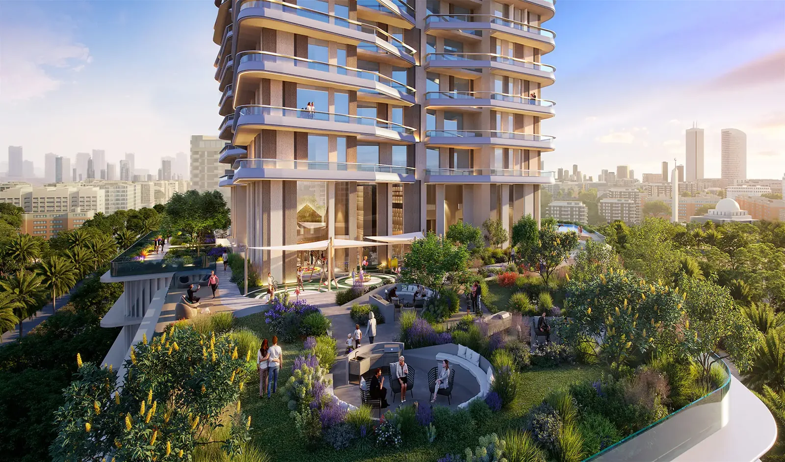 Landscaped podium terrace below the curved-balcony tower