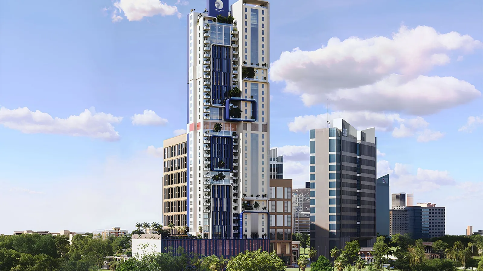 Full tower render with blue podium and balconies