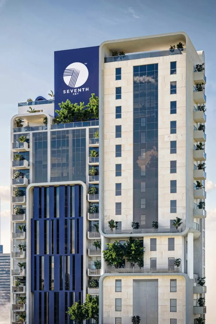 Upper tower with crown and Seventh Key signage