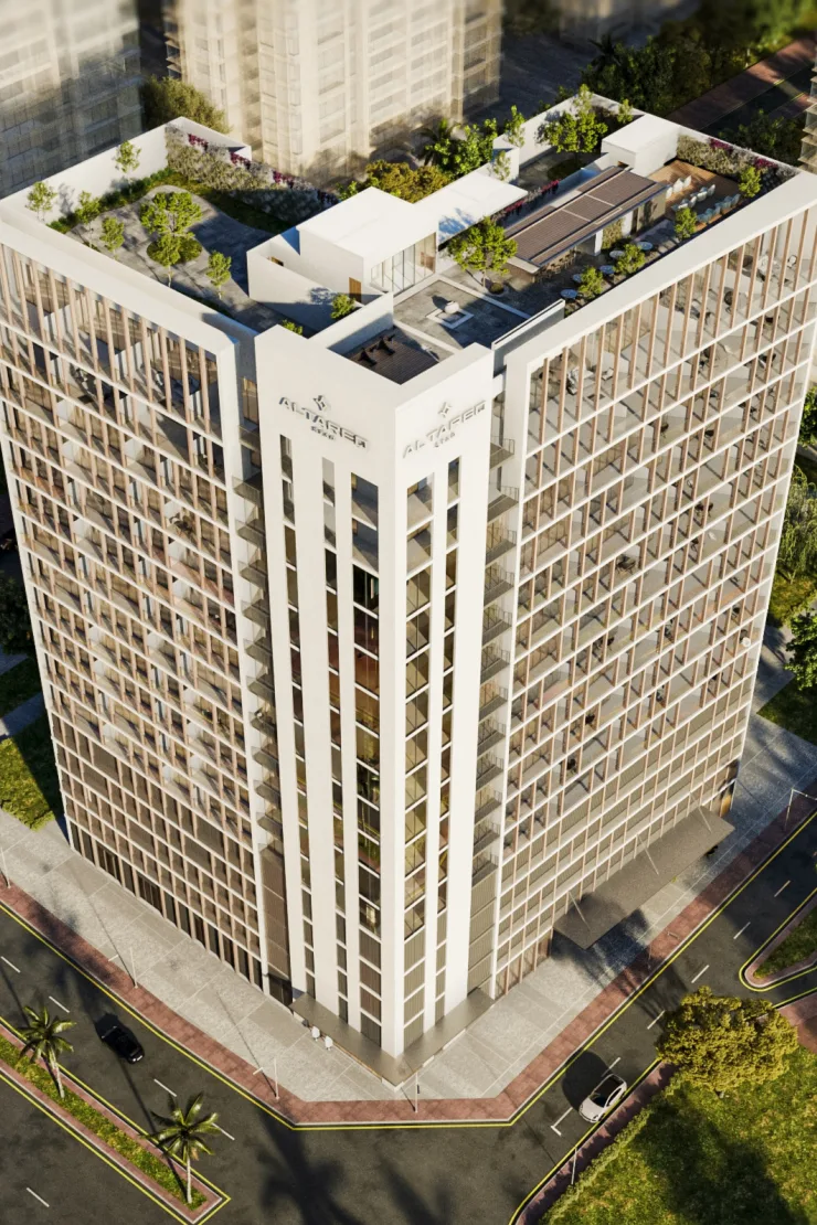 Aerial view of tower with Al Tareq branding