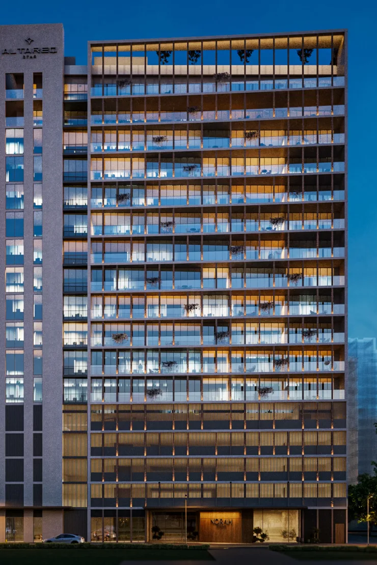 Dusk facade with Norah entrance sign