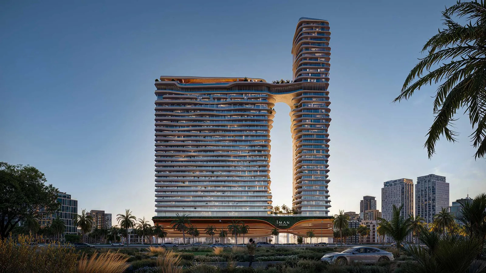 Twin towers joined by a sky bridge, seen from the front