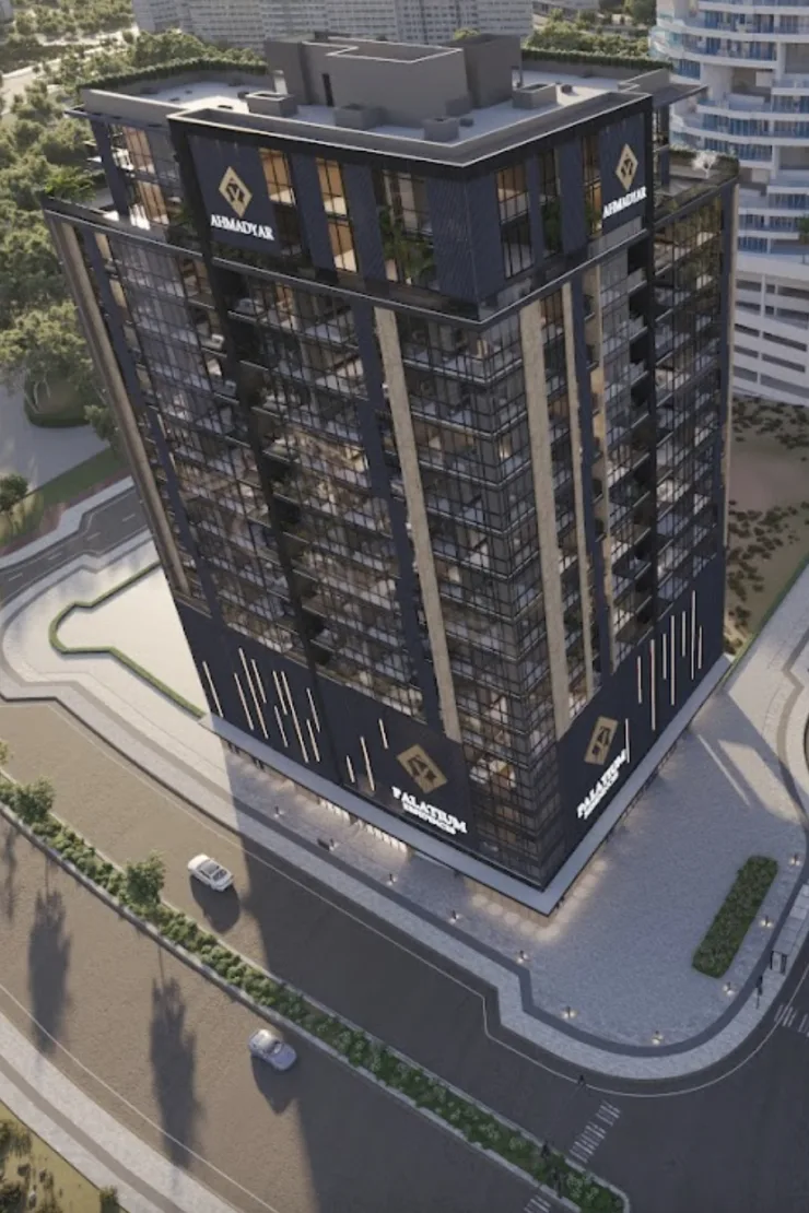 Aerial render showing crown, fins and podium signage