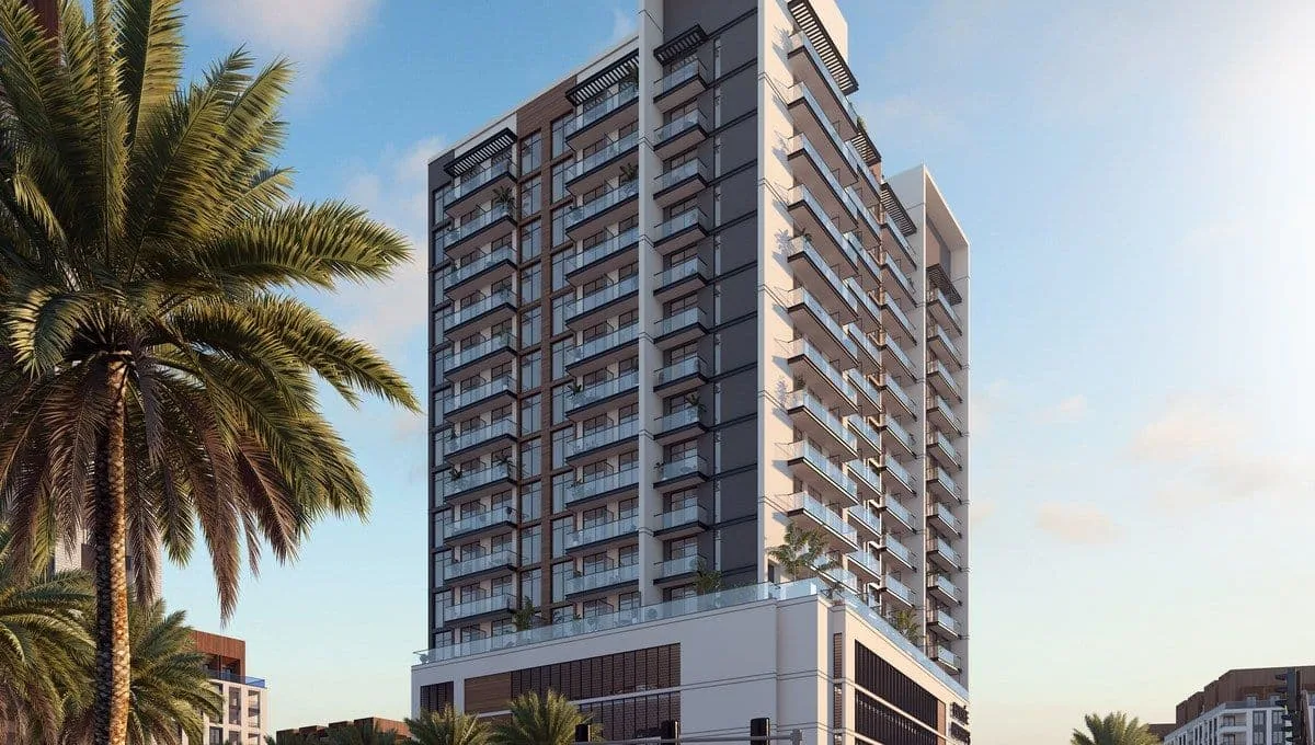 Tower with glass balconies above a podium