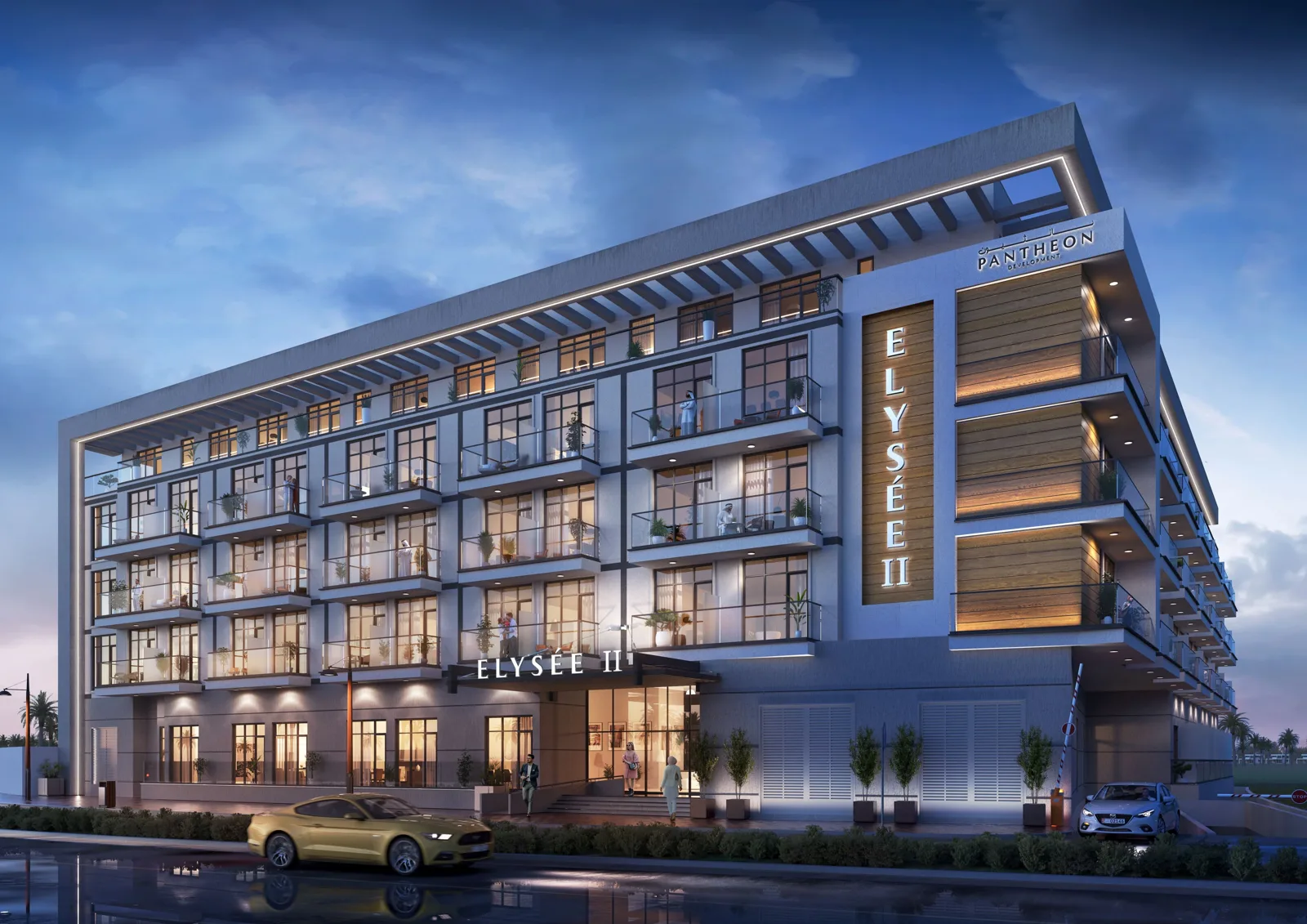Developer render, Elysée II signage, pergola roofline at dusk