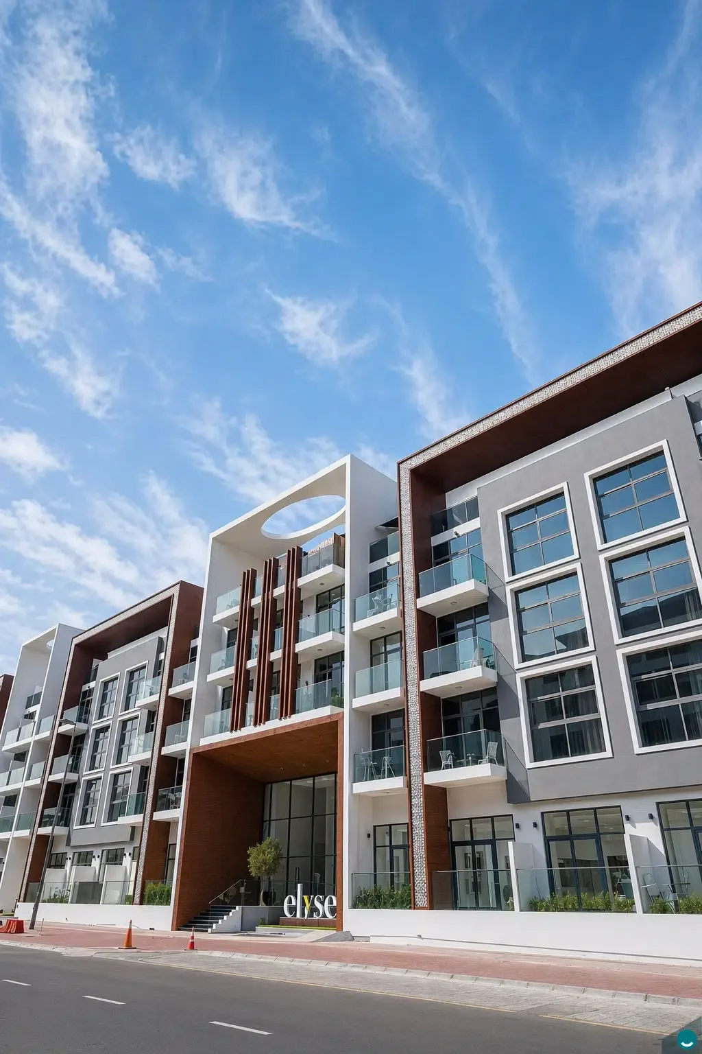 Street view of completed Elysee facade with timber frames
