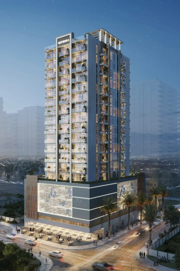 Dusk render of tower with podium and signage