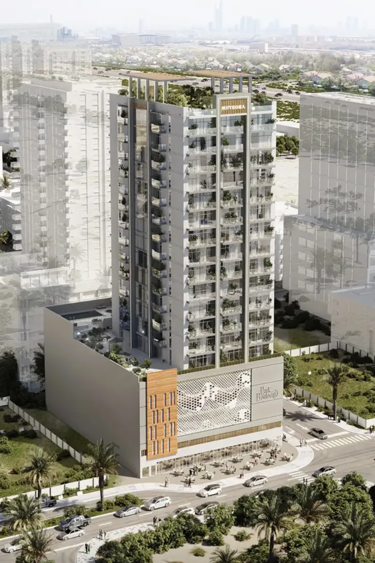 Aerial render of tower, podium and Park Boulevard sign