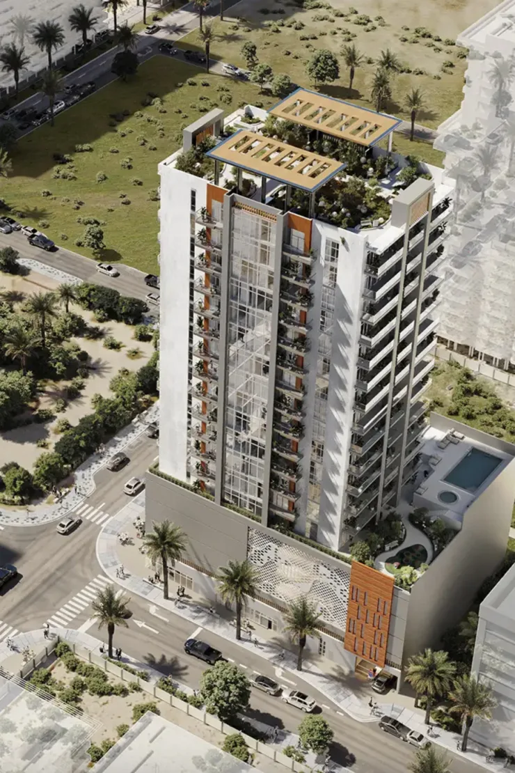 Aerial render showing rooftop terrace and podium pool