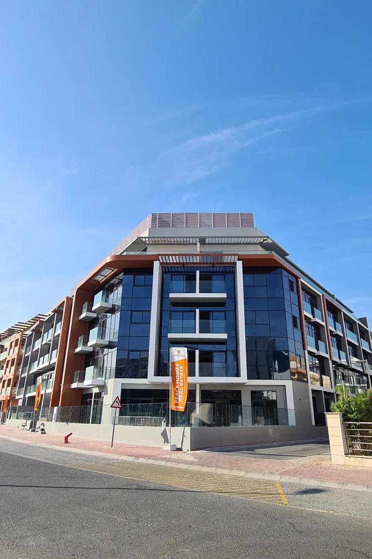 Corner view of the completed building from street