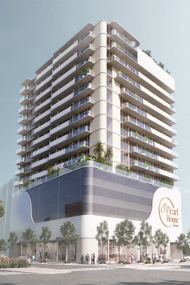Render of tower with curved balconies and podium logo
