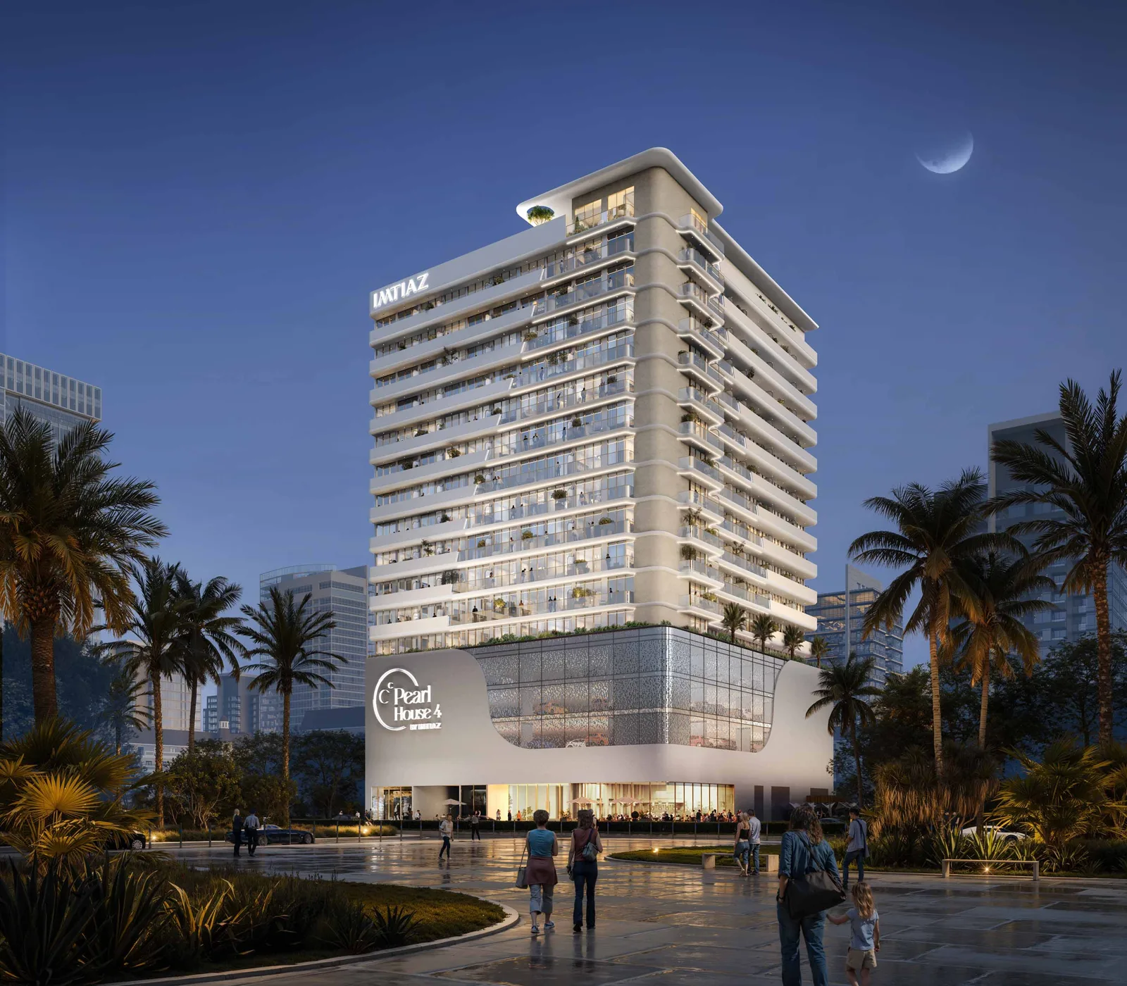 Full tower with curved balconies and perforated glass podium
