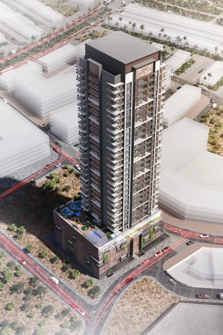 Aerial view of tower and podium pool deck