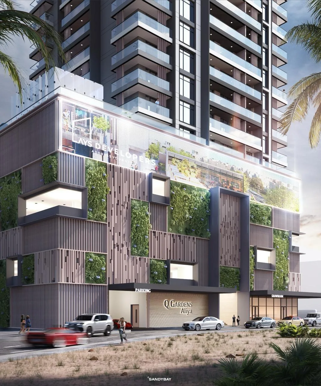 Podium facade with green walls and entrance