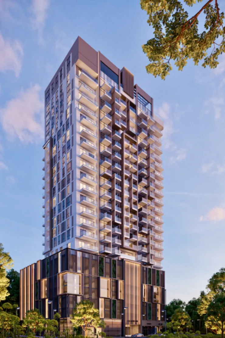 Full tower with bronze crown and podium, dusk render