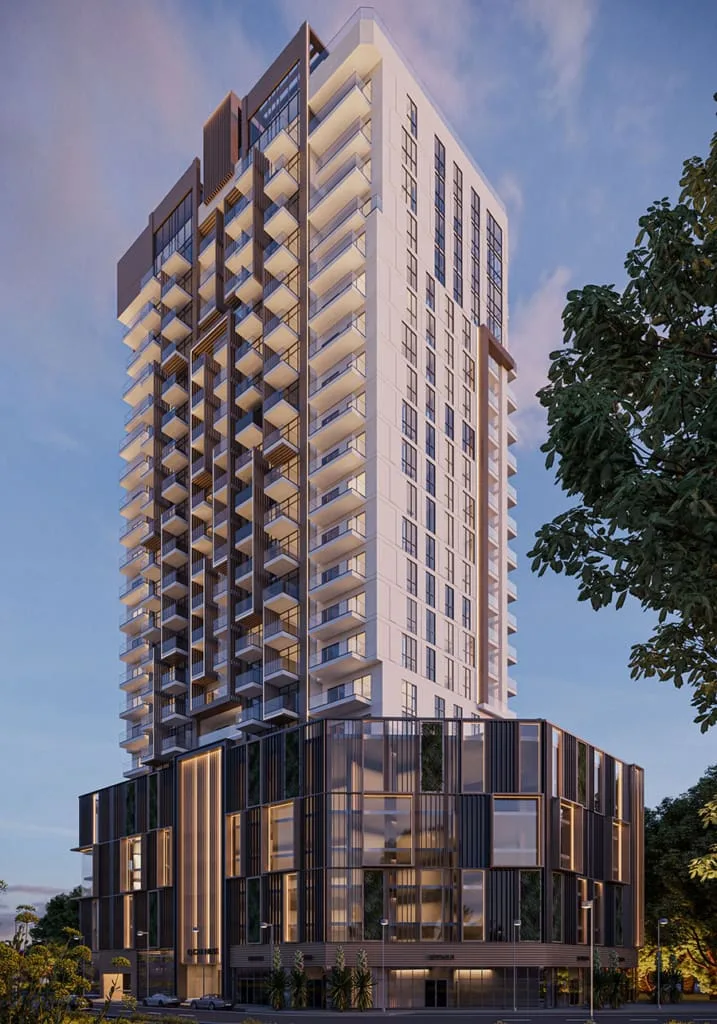 Tower and podium from street corner, dusk render
