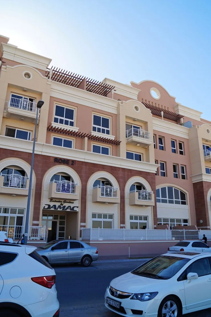 Rose 2 facade with signage, Damac Emirates Gardens