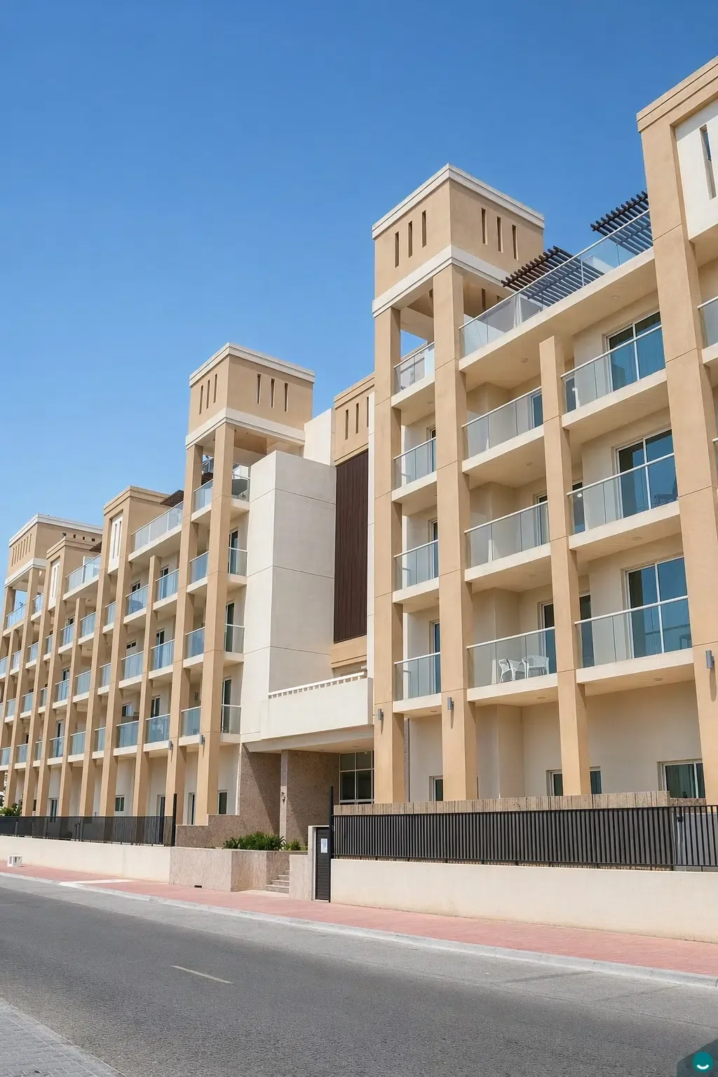 Sand-coloured block with towers and glass balconies