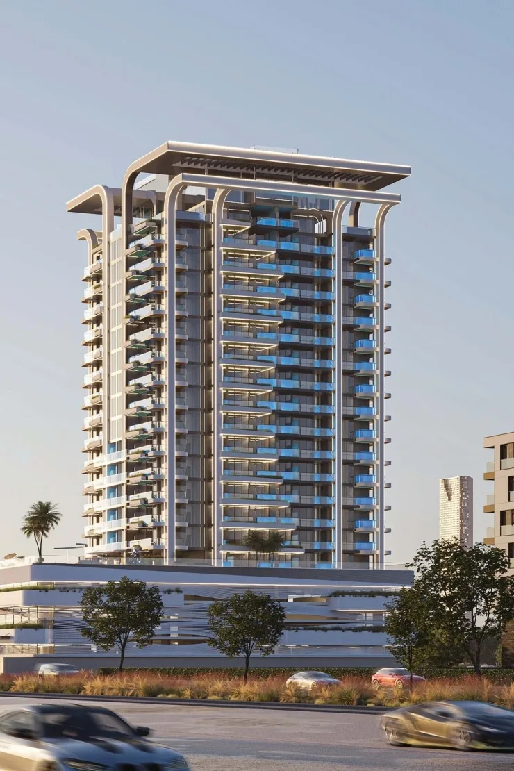 Full tower with arched crown and blue balconies