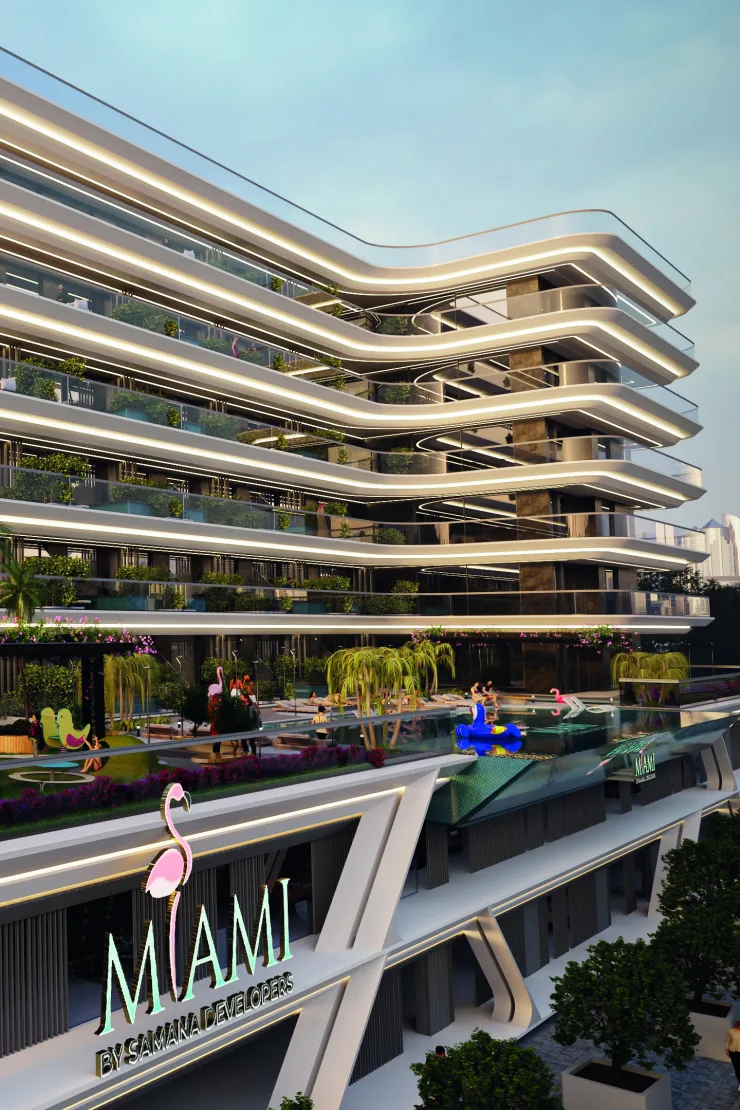 Podium pool deck below the curved upper floors