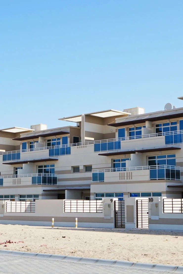 Close view of terraced facade with balconies