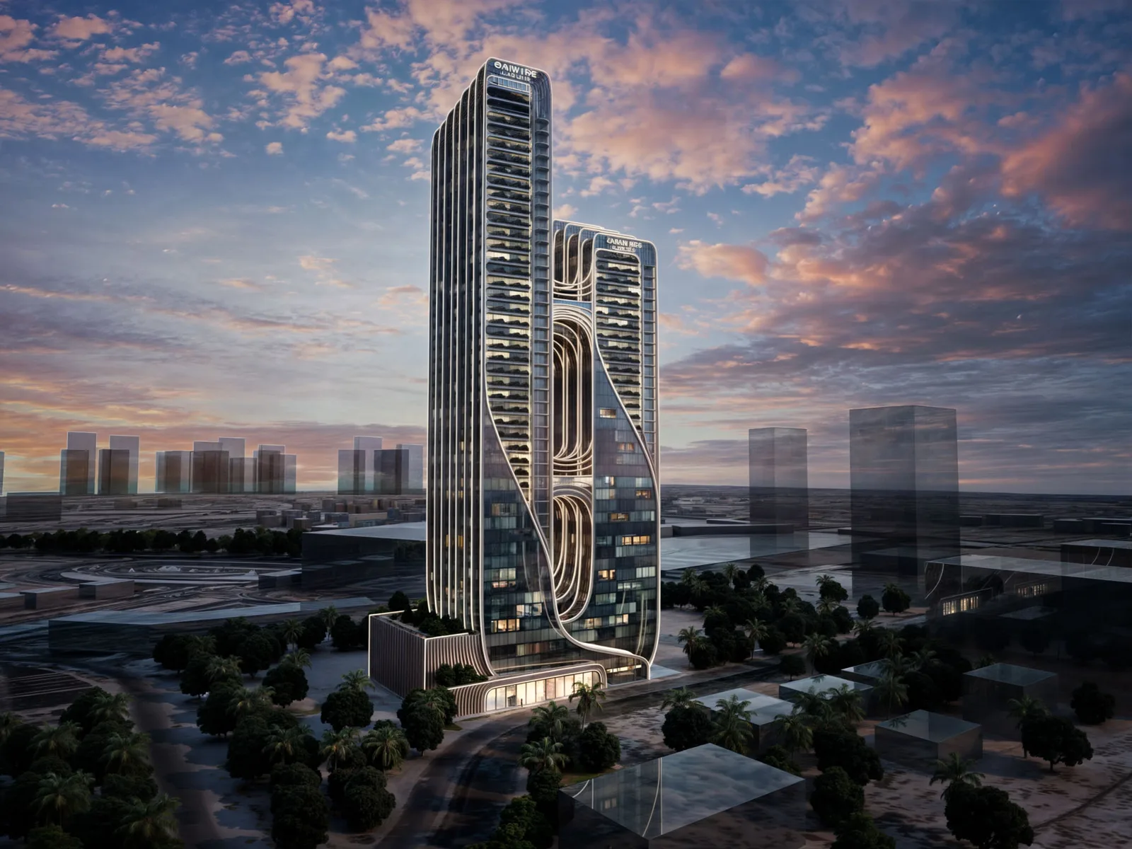 Twin-tower with looped openings, dusk render