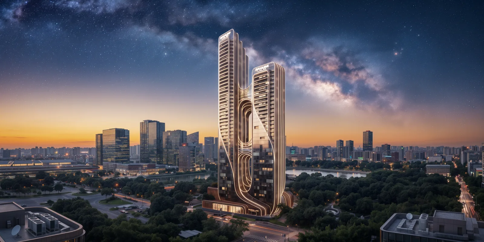 Full tower with looped facade in city setting