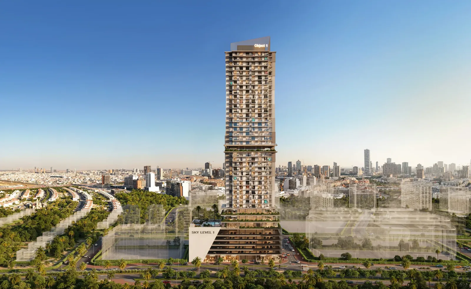 Full tower render with Sky Level 1 signage
