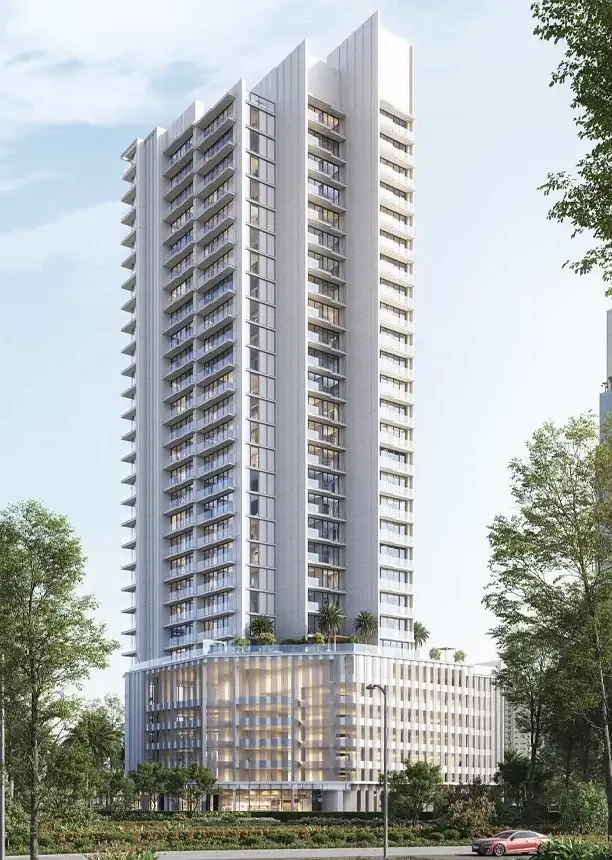White residential tower with podium, full height render
