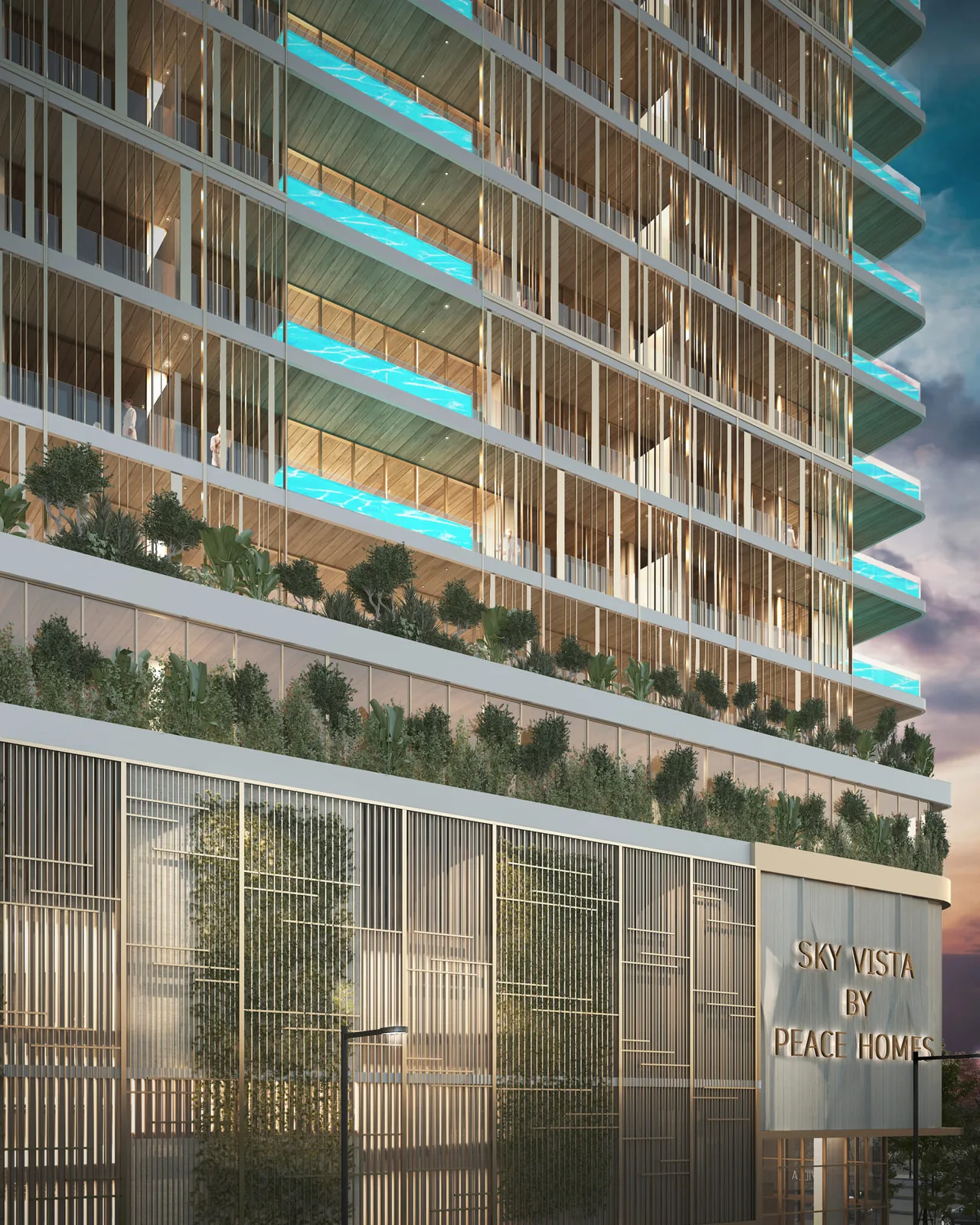 Podium and lower facade with balcony pools, signage