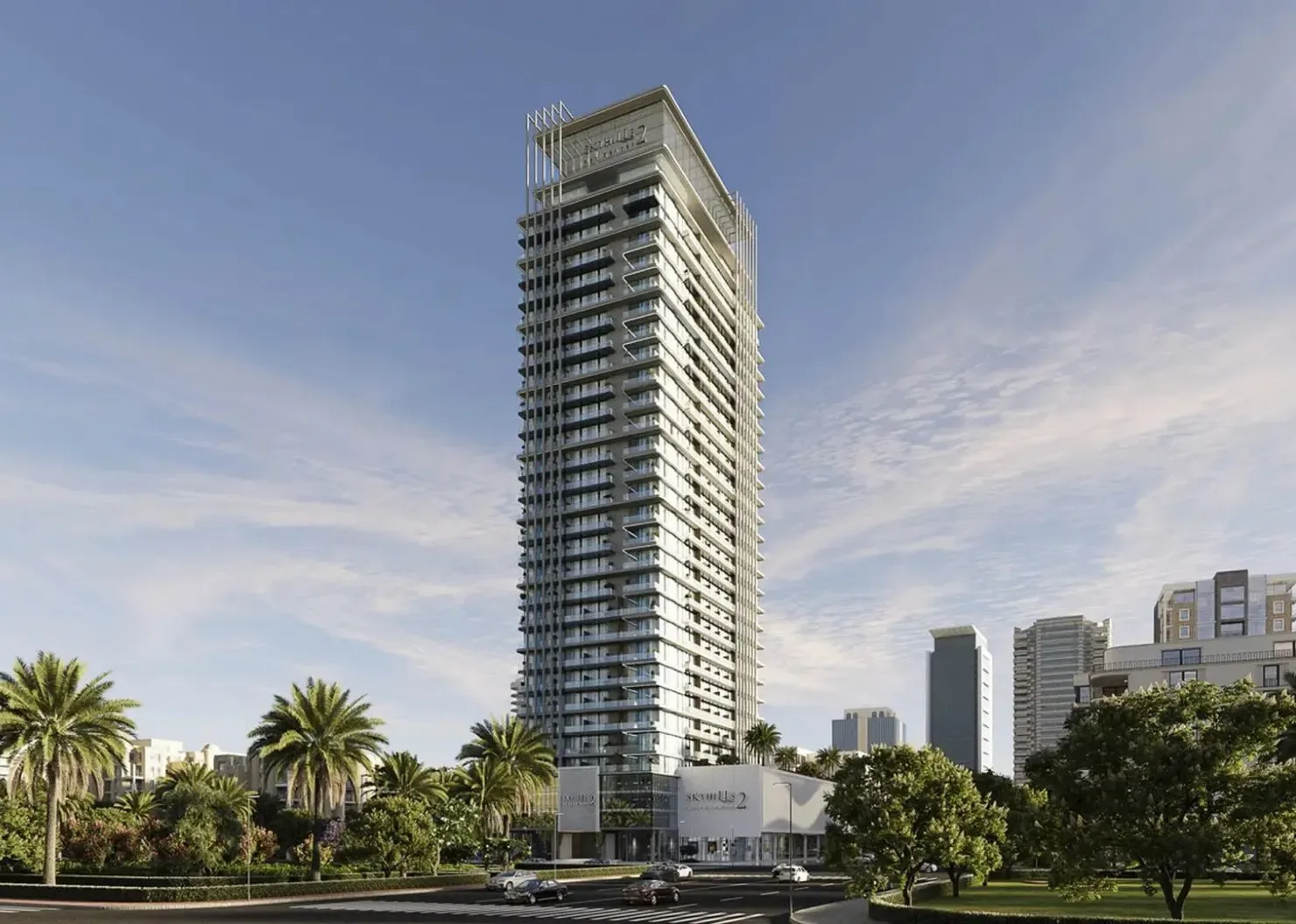 Full-height tower render with podium and signage