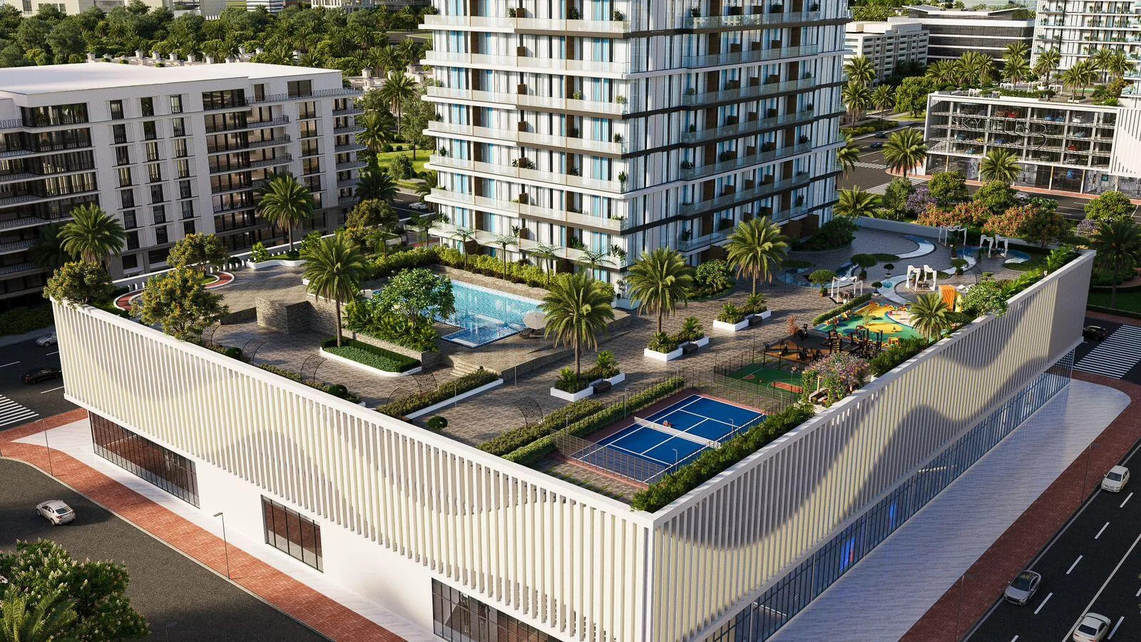 Podium rooftop pool, padel court, play area