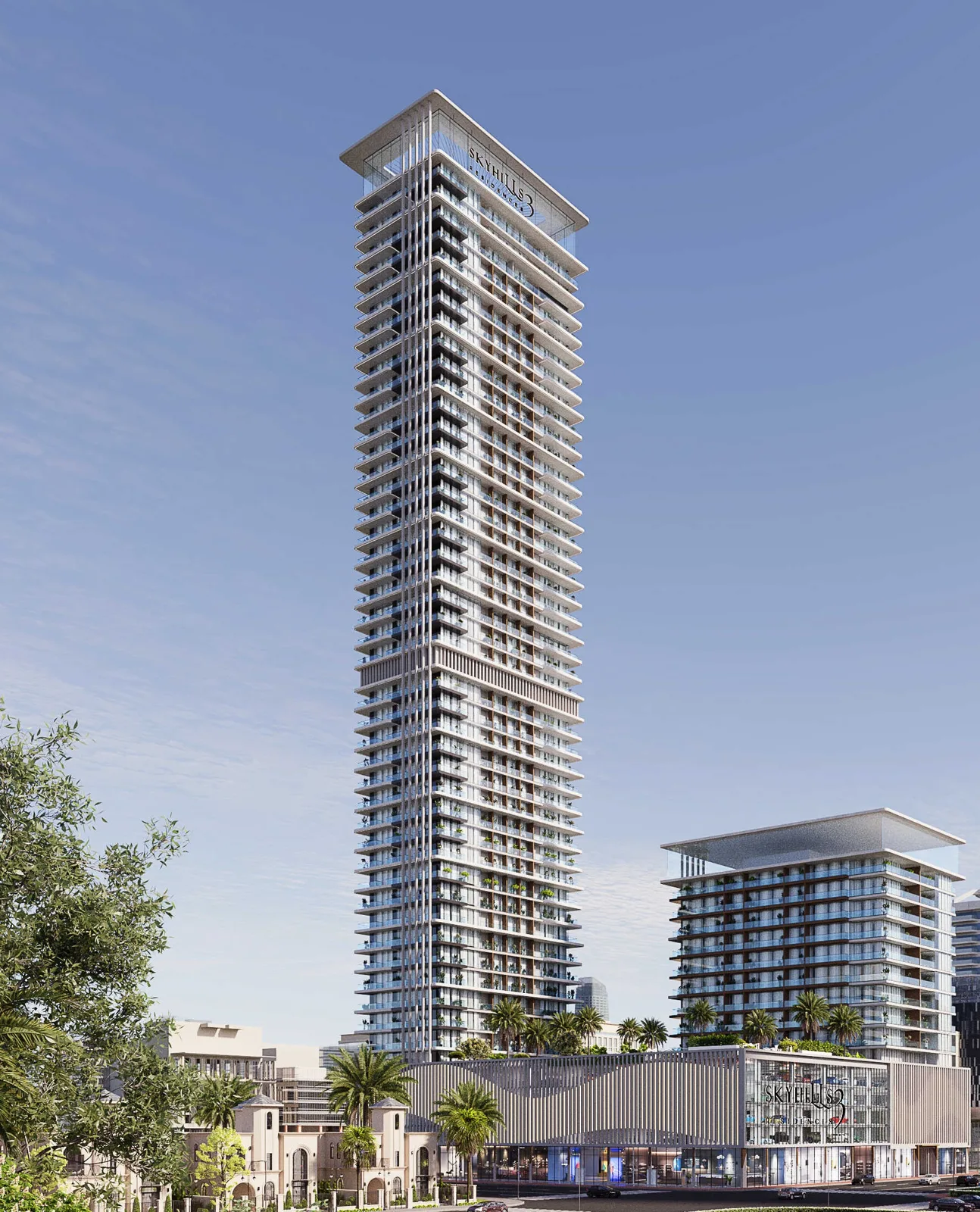 Developer render of tower with podium and signage